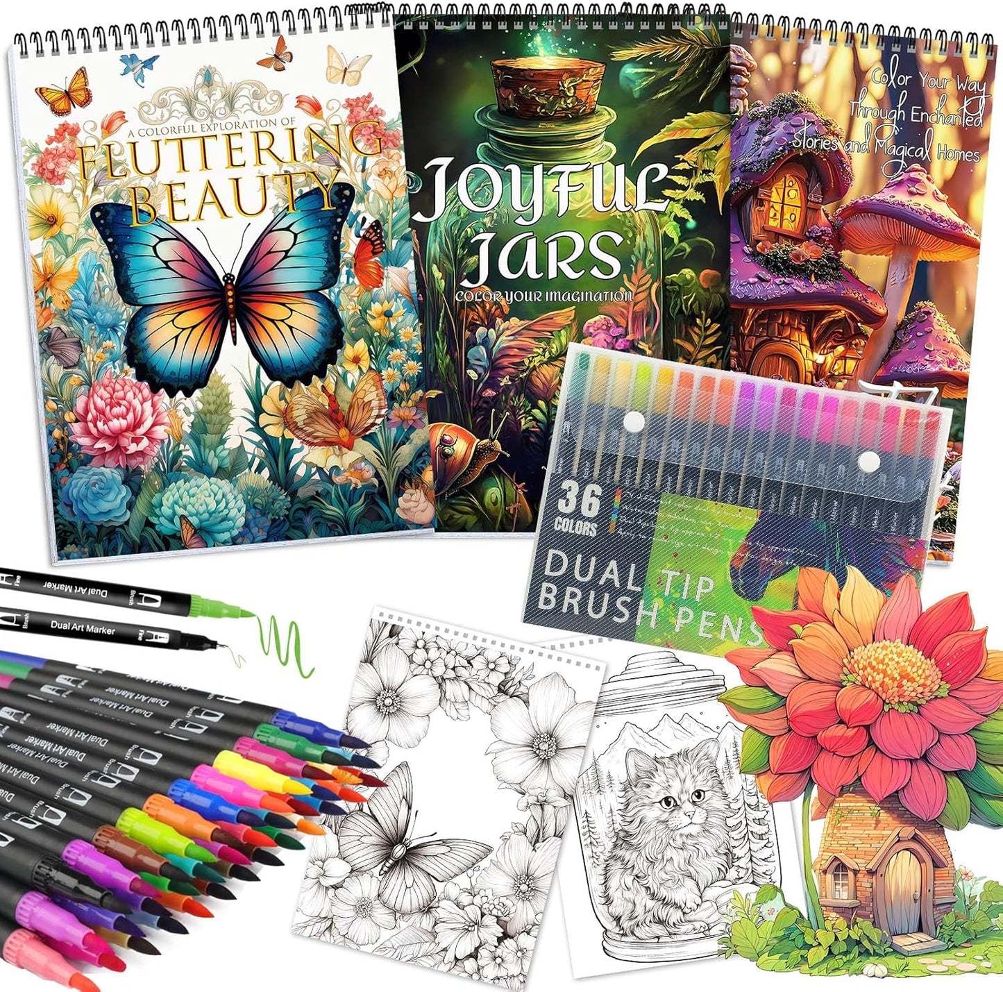 Adult Coloring Books for Women Relaxation, Stress Relief Coloring Book with 36 Dual Tip Markers, Spiral Coloring Book with 72 Patterns Include Magic Flora & Fauna, Relaxing Gift for Women(3 Pack)