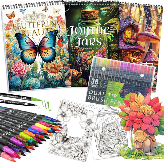 Adult Coloring Books for Women Relaxation, Stress Relief Coloring Book with 36 Dual Tip Markers, Spiral Coloring Book with 72 Patterns Include Magic Flora & Fauna, Relaxing Gift for Women(3 Pack)