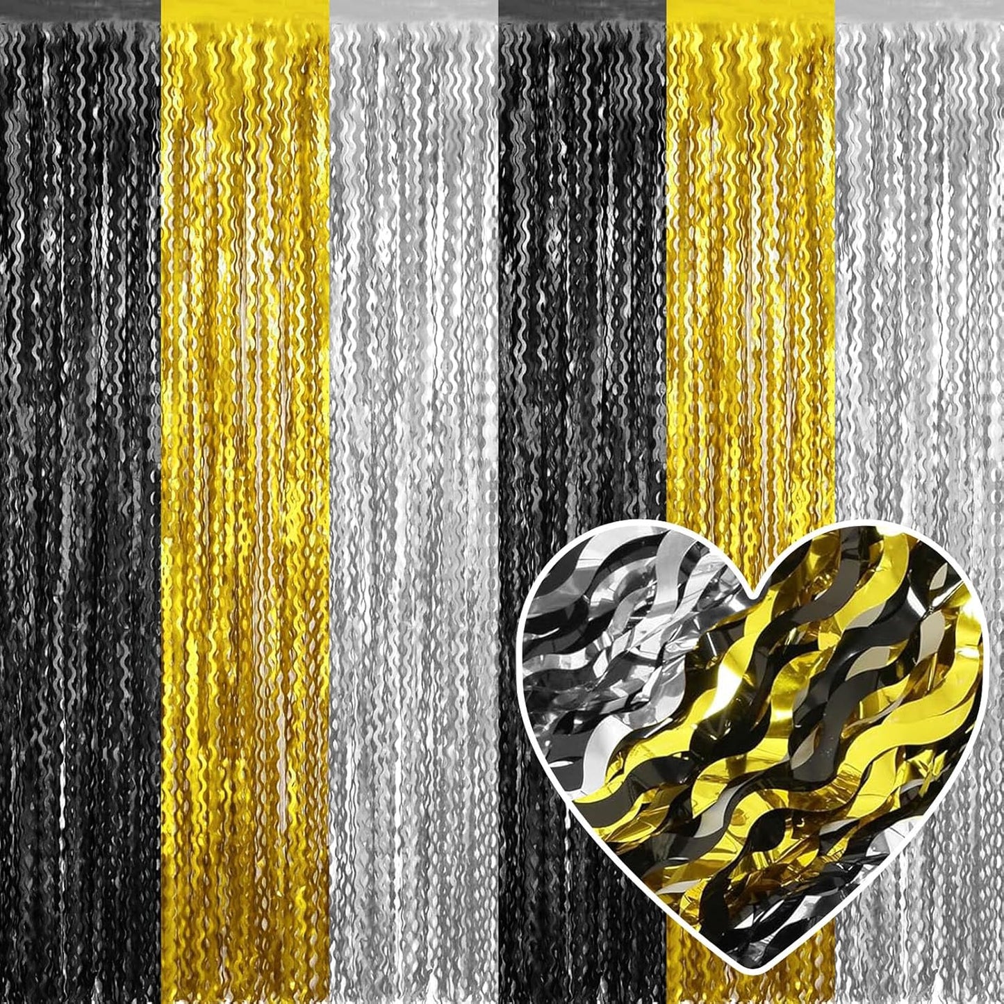 4 Pack Black Gold Silver Fringe Curtain Backdrop 3.2Ft x 8.2Ft Metallic Tinsel Foil Fringe Streamers Background for Photo Booth Mother's Day, Easter, Carnival, Birthday, Wedding Party Decoration