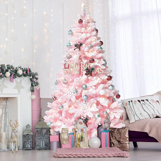 MUPATER 6ft Snow Flocked Christmas Tree Pre-lit, Pink Christmas Flocked Tree with Lights, Artificial Holiday Christmas Tree with Stand for Home Decoration