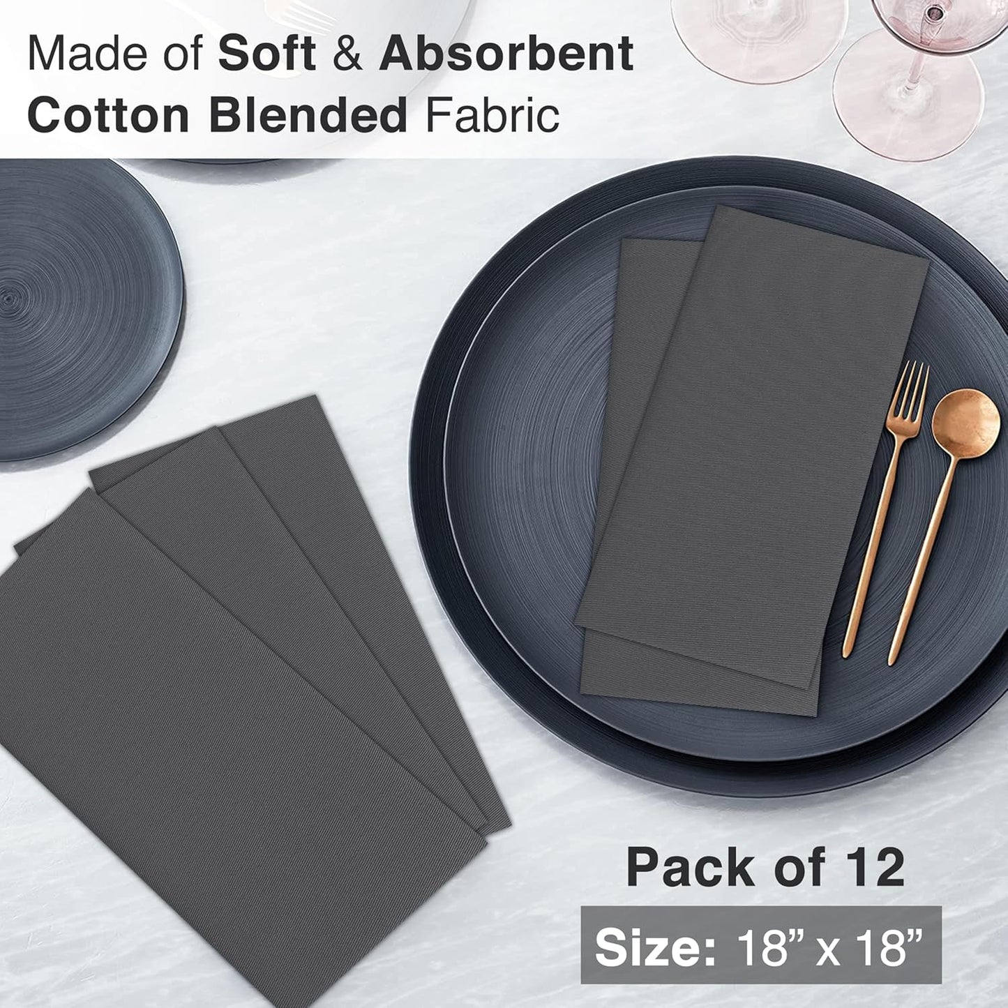 Ruvanti Cloth Napkins Set of 12, 18x18 Inches Napkins Cloth Washable, Soft, Durable, Absorbent, Cotton Blend. Table Dinner Napkins Cloth for Hotel, Lunch, Restaurant, Weddings, Parties - Dark Grey