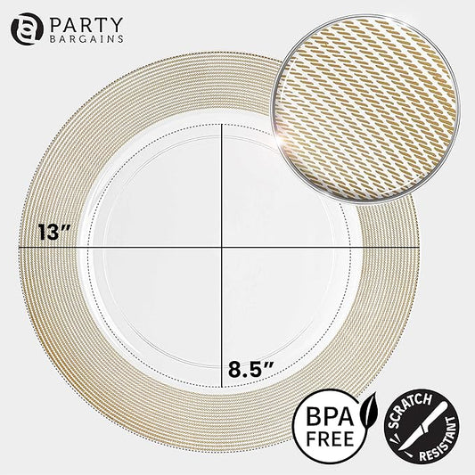 PARTY BARGAINS 13-Inch Charger Plates - 96 Pack, Clear Gold Rope Textured Rim, Heavy-Duty Disposable Chargers for Elegant Dining - Ideal for Weddings and Formal Events