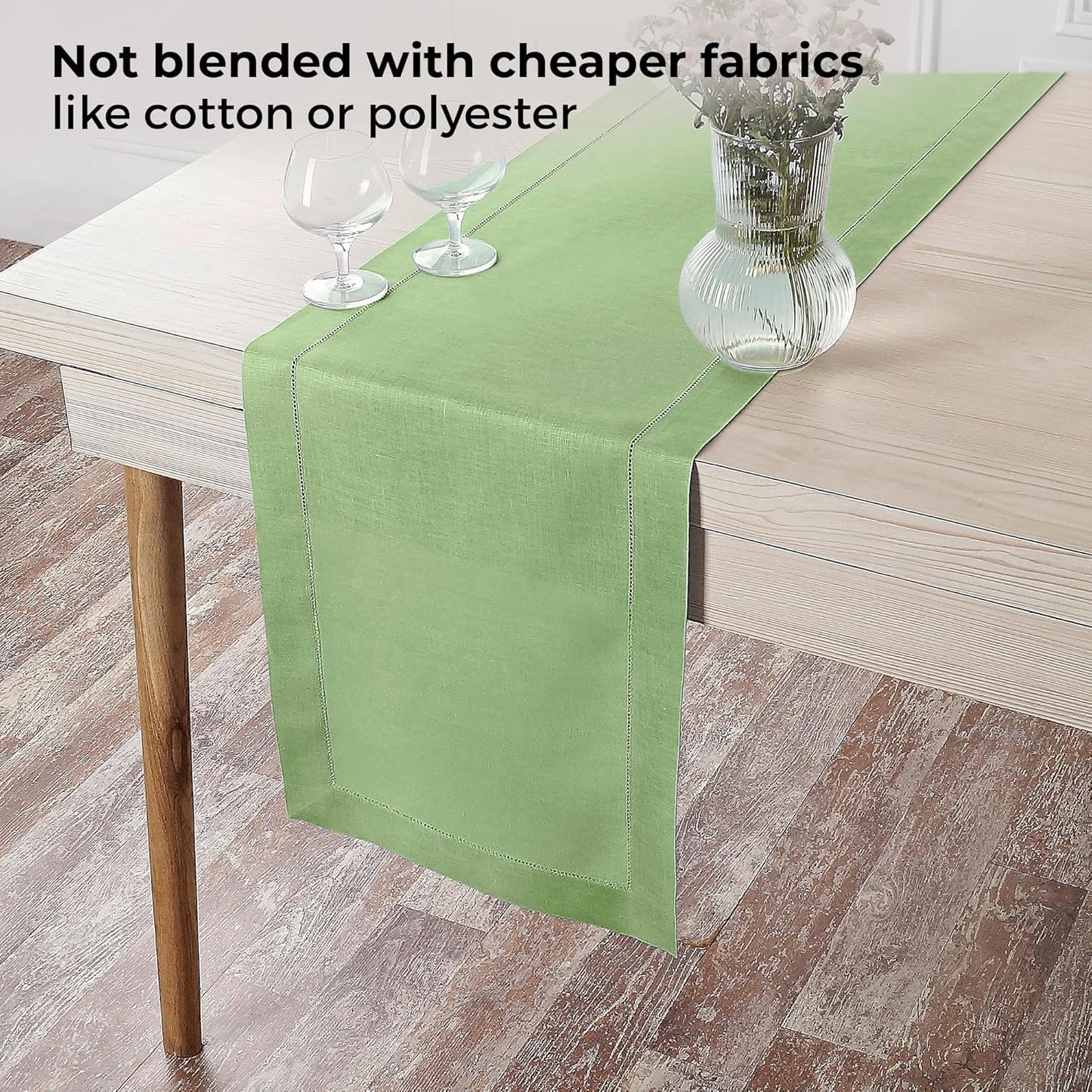 D'Moksha Homes Linen Sage Green Table Runner 84 Inches Long - 100% Pure Linen Table Runner 14 x 84 Inch for Fall, Autumn and Halloween - Classic Hemstitch