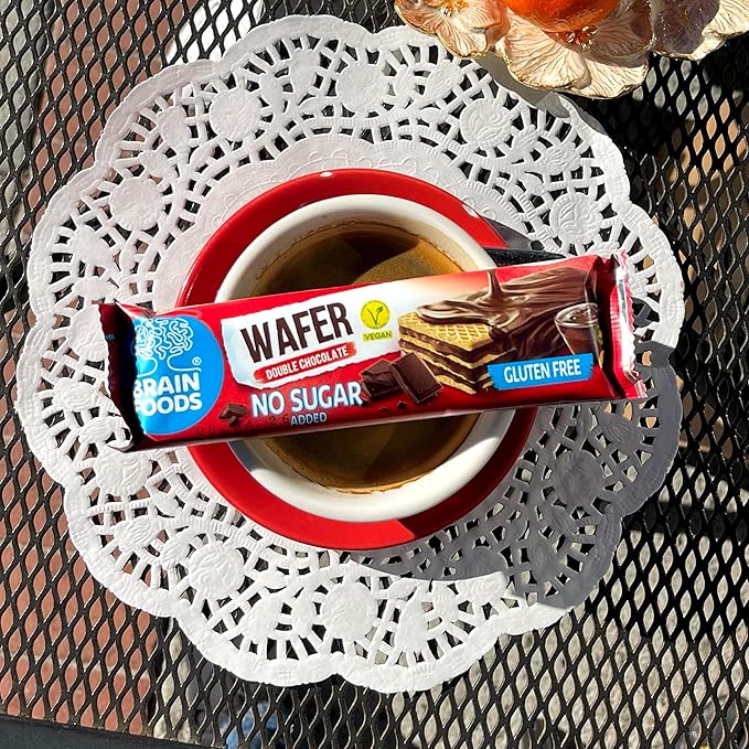 BRAIN FOODS Gluten Free Vegan Double Chocolate Wafers - 12 Bars, No Sugar Added, High Fiber, No Palm Oil, 1.4 oz, 170 Calories, Guilt Free Snack, Natural Chocolate Flavor