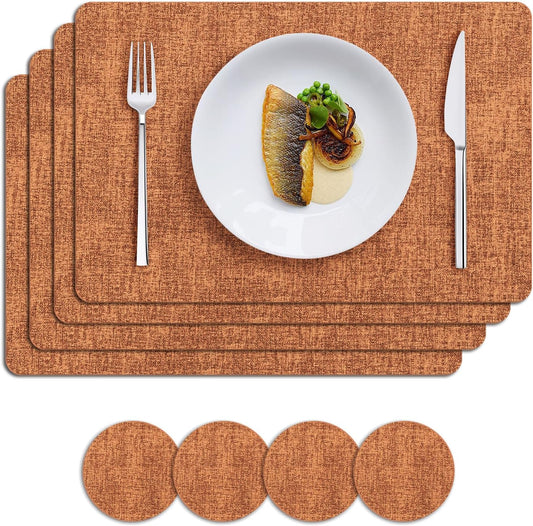 MOSAYT Placemats Set of 4, Heat Resistant Vinyl Place Mats with Coasters, 100% Waterproof Wipeable & Washable Faux Leather Table Mats for Kitchen Dining Party Indoor Outdoor, 12" x 18", Orange