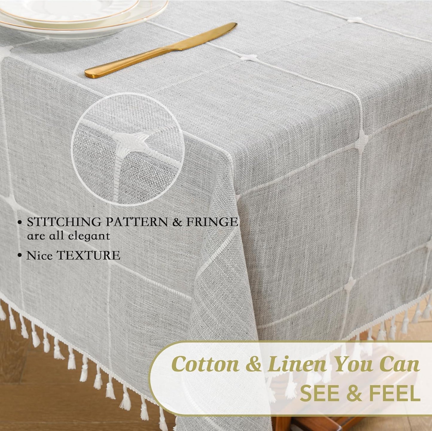 Oubonun Cotton Linen Rectangular Tablecloth - Wrinkle Resistant & Waterproof - Machine Washable Table Cloth with Tassels for Kitchen & Dining, 55''x120'', 10-12 Seats, Grey