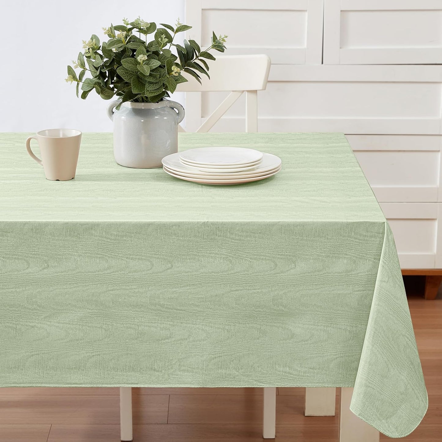 Newbridge Vinyl Flannel Backed Tablecloth, 52 x 52 Inch Square, Sage Green Moire Wavy Solid Design, Heavyweight Indoor Outdoor Waterproof Table Cover, Easy Care Wipe Clean