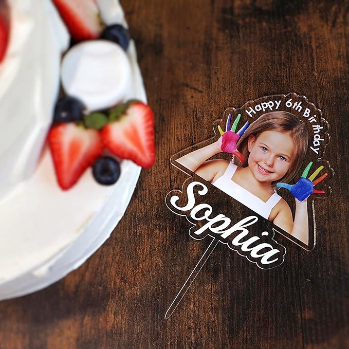 Custom Photo Cake Topper – Personalized Acrylic Cake Topper with Picture and Name, Printed Cake Sign Charm for Couples and Dessert Decoration