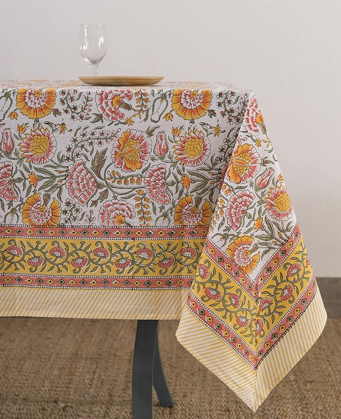 Labhanshi Indian Block Print Floral Table Cloth|Cotton 10-Seater 72x135 Inch Rectangle Reusable Dinner Picnic Tablecloth|Cocktail Parties Wedding Spring Easter Table Decor|White Marigold