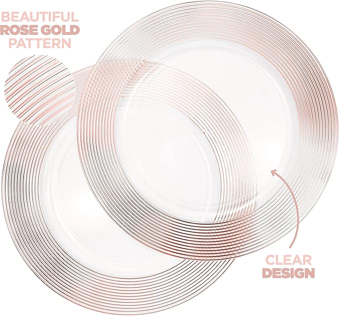 Rose Gold Charger Plates 13” (Set of 6) Dinner Service Plates for Parties, Weddings, Thanksgiving, New Year’s Eve Celebrations, Clear Plastic Disposable, Reusable Chargers, Dinner Plates