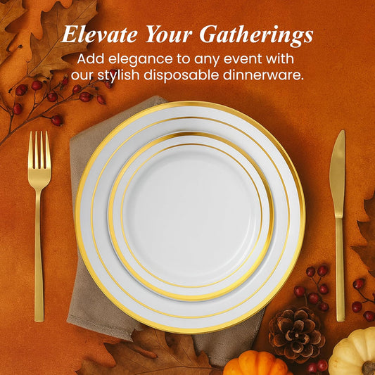 Aya's 60 Gold Rimmed Plastic Plates for Party, Heavy Duty Disposable Set of 30 Dinner and 30 Dessert Plates, Elegant Fancy Design for Weddings, Parties, and Special Events