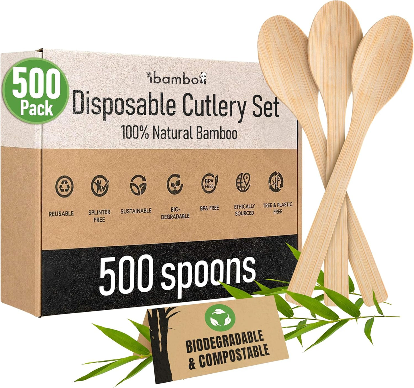 Ibambo 100% Bamboo Spoons Set - Eco Friendly Cutlery (500 Biodegradable Spoons) | Reusable or Disposable Bamboo Utensils | Compostable FSC Certified Silverware for Weddings, Camping, Parties