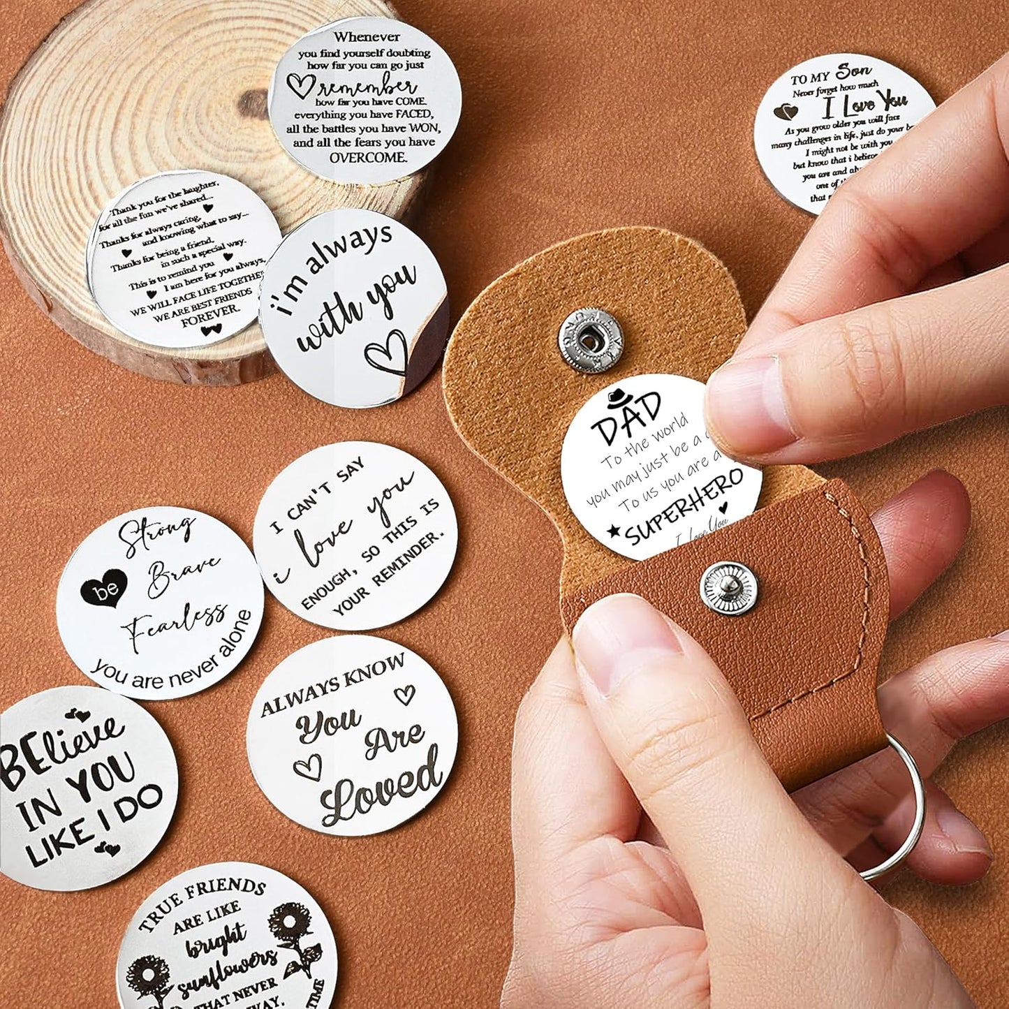 OUMILAN Pocket Hug Token Gifts for Men Boyfriend Girlfriend Inspirational Gift for Son Daughter Brother with Leather Keychain