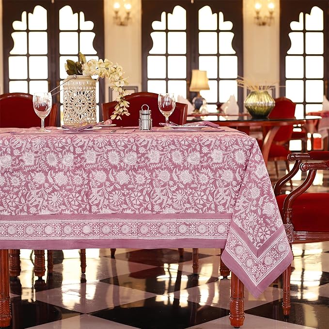 Labhanshi Indian Handblock Print Pre-Washed Cotton Floral 60x90 Inch Rectangle 6-Seater Tablecloth|Rustic Farmhouse Decorative Party Event Wedding Spring Easter Festive Holiday Decor|Purple
