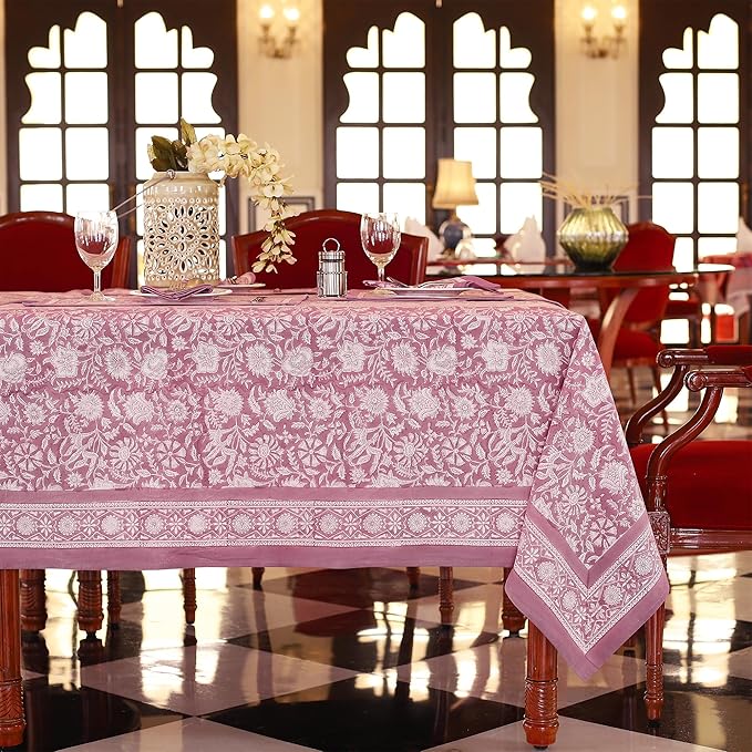 Labhanshi Indian Handblock Print Floral 100% Cotton Pre-Washed Canvas Rectangle Table Cloth|72x135 Inch 10-Seater Large Decorative Table Cover|Spring Easter Decor|Purple