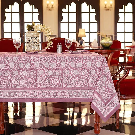 Labhanshi Indian Handblock Print Floral 100% Cotton Pre-Washed Canvas Rectangle Table Cloth|72x135 Inch 10-Seater Large Decorative Table Cover|Spring Easter Decor|Purple