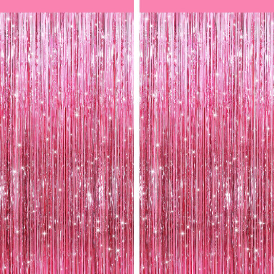 2 Pack Pink Metallic Tinsel Foil Fringe Curtains, Door Streamers Photo Booth Backdrop for Birthday Party, Tinsel Curtain Backdrop for Baby Shower Bachelorette Christmas Party Decorations