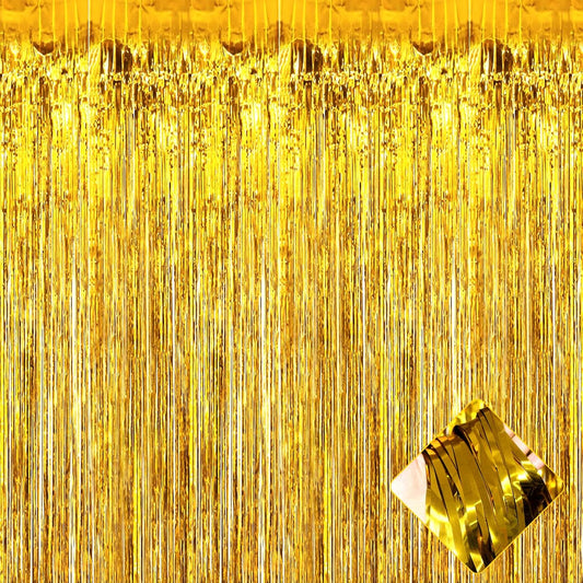 4 Pack 3.3Ft x 6.6Ft Gold Foil Fringe Curtain Backdrop, Metallic Tinsel Foil Fringe Streamers Curtains Background for Photo Booth, Birthday, Wedding, Halloween, Christmas Party Decoration