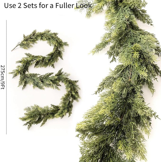9ft Handmade Christmas Garland,Cedar Artificial Greenery Cypress Pine Needles Seasonal Garland for Christmas Fireplace Winter Holiday Indoor Outdoor Decoration