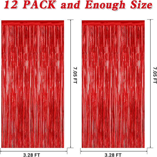 12 Pack Red Curtains, 3.28 FT x 7.05 FT Party Streamer, Metallic Party Backdrop Birthday Streamer Foil Curtains, Fringe Tinsel for Red Party Decor Casino Theme Decorations Party Supplies