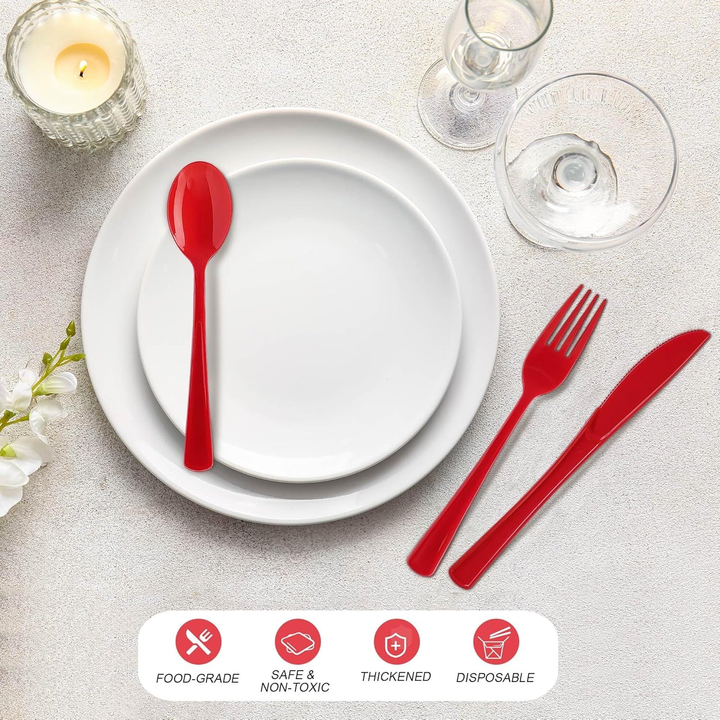 300 Pieces Christmas Red Plastic Silverware Heavy Duty Plastic Cutlery Set Heavyweight Disposable Flatware Includes Spoons Forks Knifes for Party Prom Night Wedding Dinner