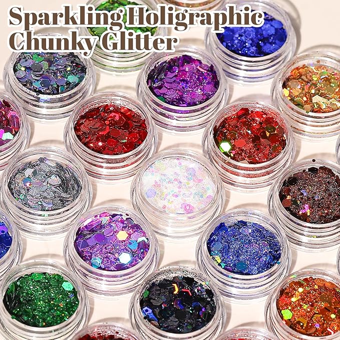 LEOBRO Glitter, 24 Jars Holographic Chunky Glitter for Crafts, Resin, Sequins for Crafts, Hair Face Body Makeup Nail, DIY Arts and Craft, Party Christmas Decorations