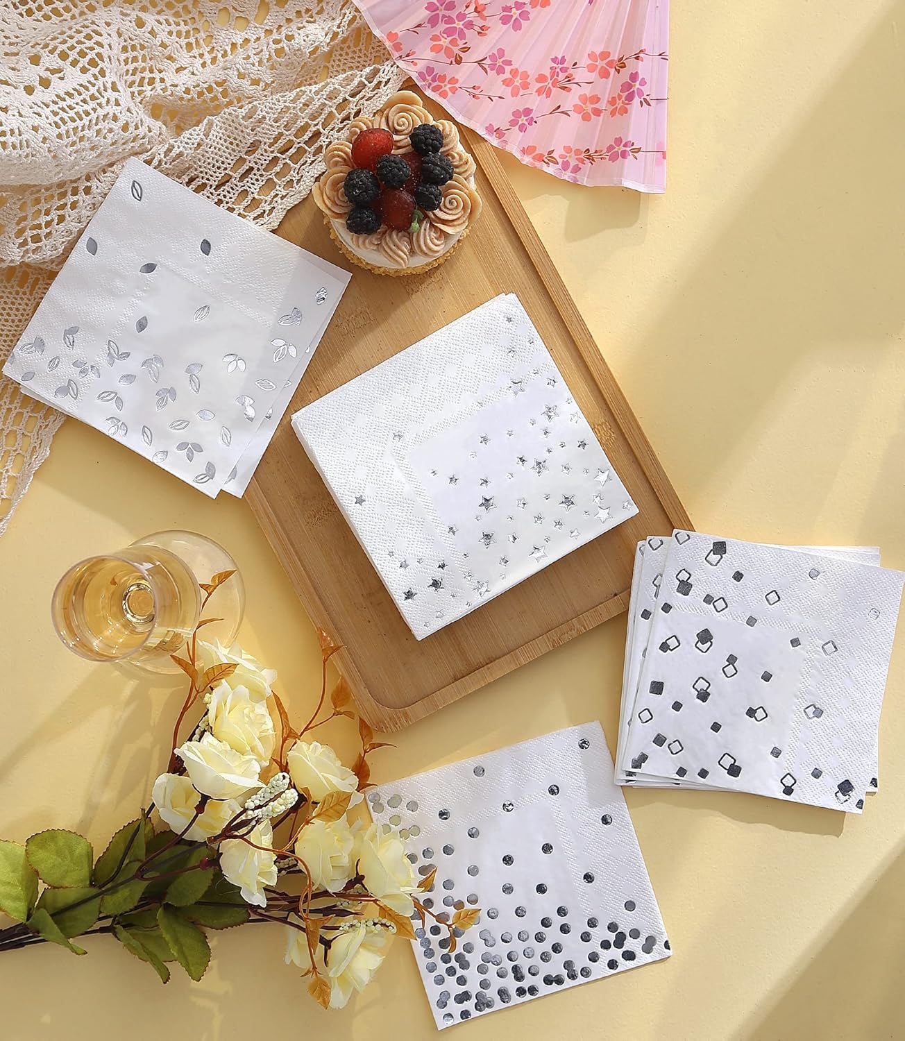100 PK Silver Napkins - 4 Assorted Designs - 3-Ply Cocktail Napkins Folded 5 x 5 Inches Bar Napkins Disposable Party Napkins Paper Napkins Beverage for Wedding Bridal Baby Shower Birthday