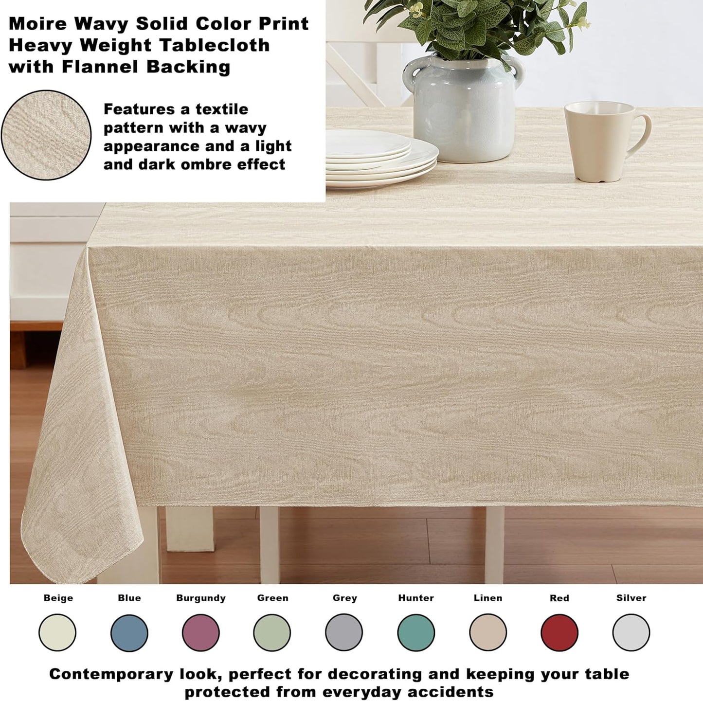 Newbridge Vinyl Flannel Backed Tablecloth, 60 x 102 Inch Rectangle, Taupe Moire Wavy Solid Design, Heavyweight Indoor Outdoor Waterproof Table Cover, Easy Care Wipe Clean