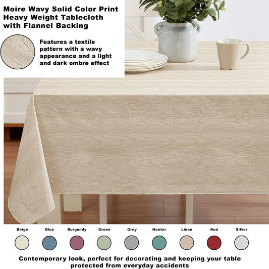 Newbridge Vinyl Flannel Backed Tablecloth, 52 x 70 Inch Rectangle, Taupe Moire Wavy Solid Design, Heavyweight Indoor Outdoor Waterproof Table Cover, Easy Care Wipe Clean