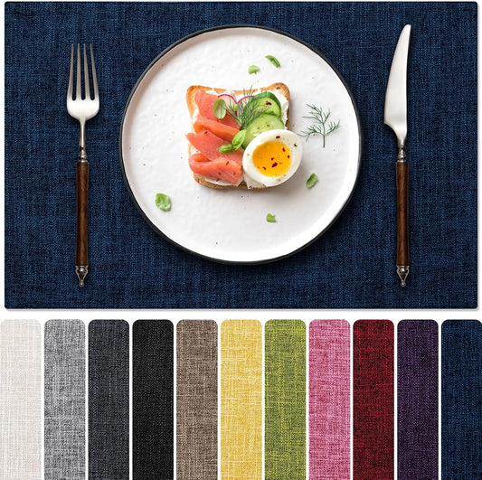 Blue Forest Placemats Set of 8, Dual-Layered Thickened Faux Linen Cloth Place Mats Heat Resistant Machine Washable Wrinkle Free Table Mats Indoor/Outdoor (Navy Blue)