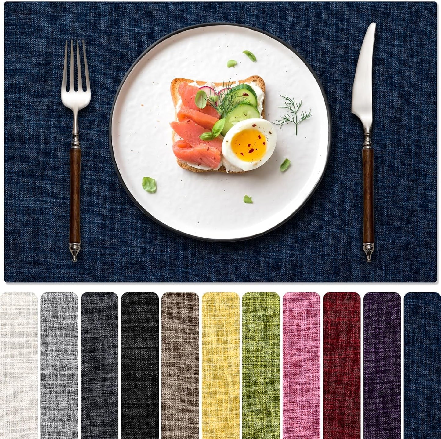 Blue Forest Placemats Set of 6, Dual-Layered Thickened Faux Linen Cloth Place Mats Heat Resistant Machine Washable Wrinkle Free Table Mats Indoor/Outdoor (Navy Blue)