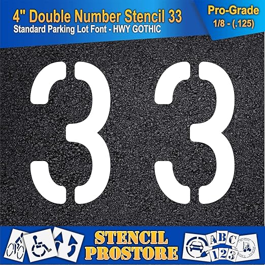 Pavement, Curb, and WheelStop Stencils - 4 inch Double Number Stencil - (33) - 4" x 5.5" x 1/8" (128 mil) - Pro-Grade