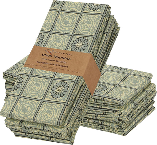 RUVANTI Cloth Napkins Set of 12 Cotton 100%, 18x18 Inches Napkins Cloth Washable, Soft, Absorbent. Cotton Napkins for Parties, Christmas, Thanksgiving, Weddings, Dinner Napkins Cloth - Floral Tiles
