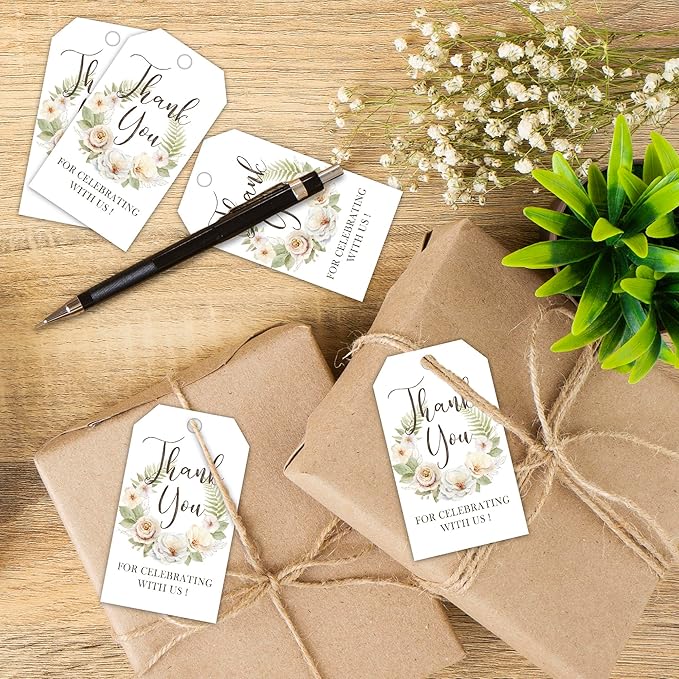 Floral Paper Gift Tags with String, 50Pcs Thank You for Celebrating with Us Tag, Gift Labels for Birthday Party Baby Bridal Shower Wedding Favor, Botanical Leaves Print-A18
