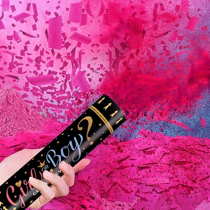 Gender Reveal Confetti Powder Cannon - Biodegradable Blue & Pink Poppers for Baby Shower Party Decorations - He or She What Will it Bee - 2 Pink Sticks