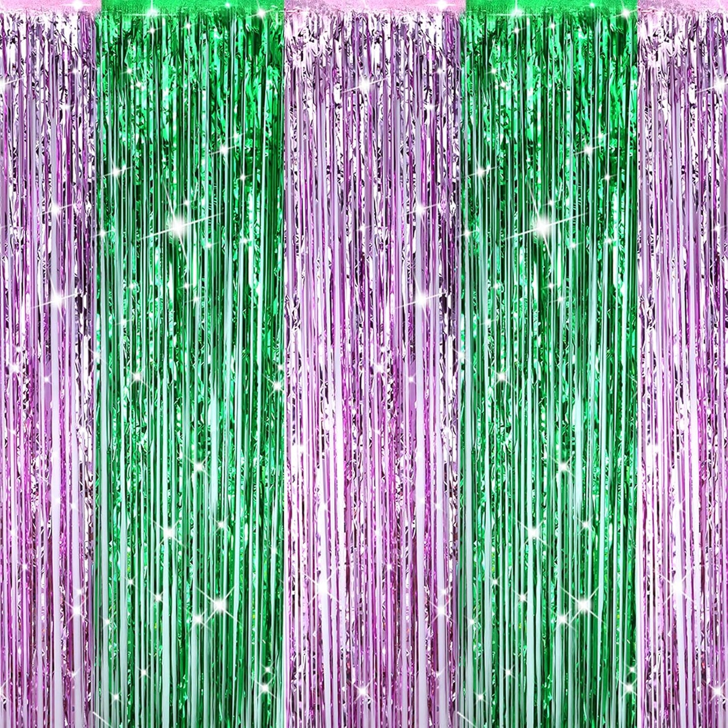 4Pcs Green Pink Backdrop Party Decorations,Tinsel Foil Fringe Curtains,Straight Shiny Foil Fringe Backdrop Curtain,Photo Booth Streamers Party Decorations for Birthday Wedding,3.2ft × 6.6ft