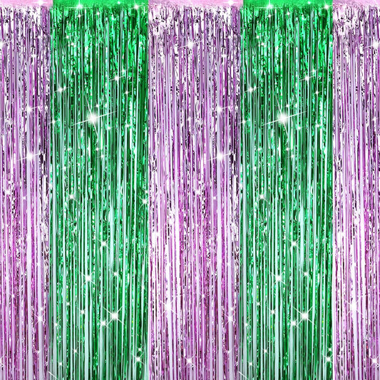 4Pcs Green Pink Backdrop Party Decorations,Tinsel Foil Fringe Curtains,Straight Shiny Foil Fringe Backdrop Curtain,Photo Booth Streamers Party Decorations for Birthday Wedding,3.2ft × 6.6ft