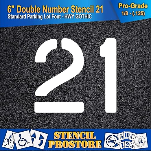 Pavement, Curb, and WheelStop Stencils - 6 inch Double Number Stencil - (21) - 6" x 6" x 1/8" (128 mil) - Pro-Grade