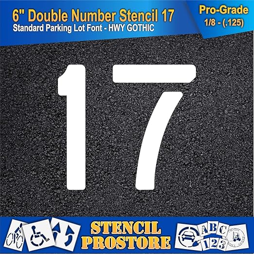 Pavement, Curb, and WheelStop Stencils - 6 inch Double Number Stencil - (17) - 6" x 6" x 1/8" (128 mil) - Pro-Grade