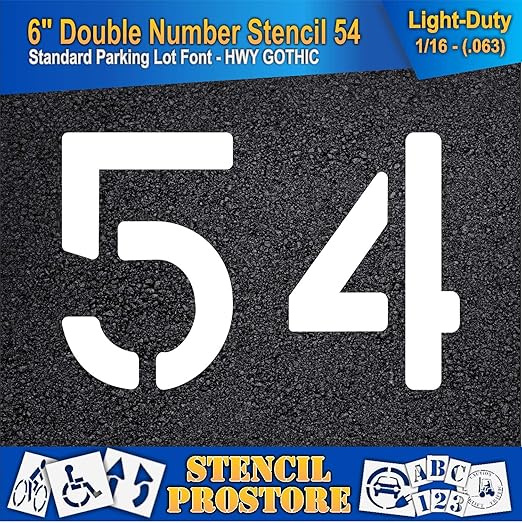 Pavement, Curb, and WheelStop Stencils - 6 inch Double Number Stencil - (54) - 6" x 9" x 1/16" (63 mil) - Light-Duty