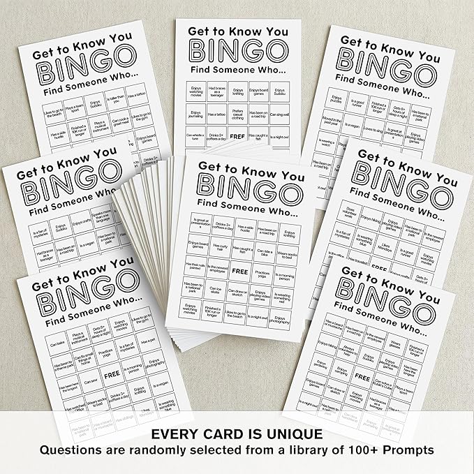 Sahjzk Office Bingo Cards, 25 Unique Randomized 5x7 Sheets, Get to Know You Bingo Game for Adults, Ice Breaker Office Party Games, Team Building Games for Work, High Replay Value - B001