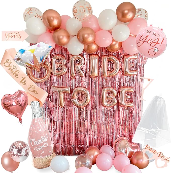 VIDAL CRAFTS Rose Gold Bridal Shower Decorations, 62-Piece Pink Bachelorette Party Decorations with Bride to Be Banner, Confetti Balloons, Bride Sash, Veil, Fringe Curtain & Photo Props