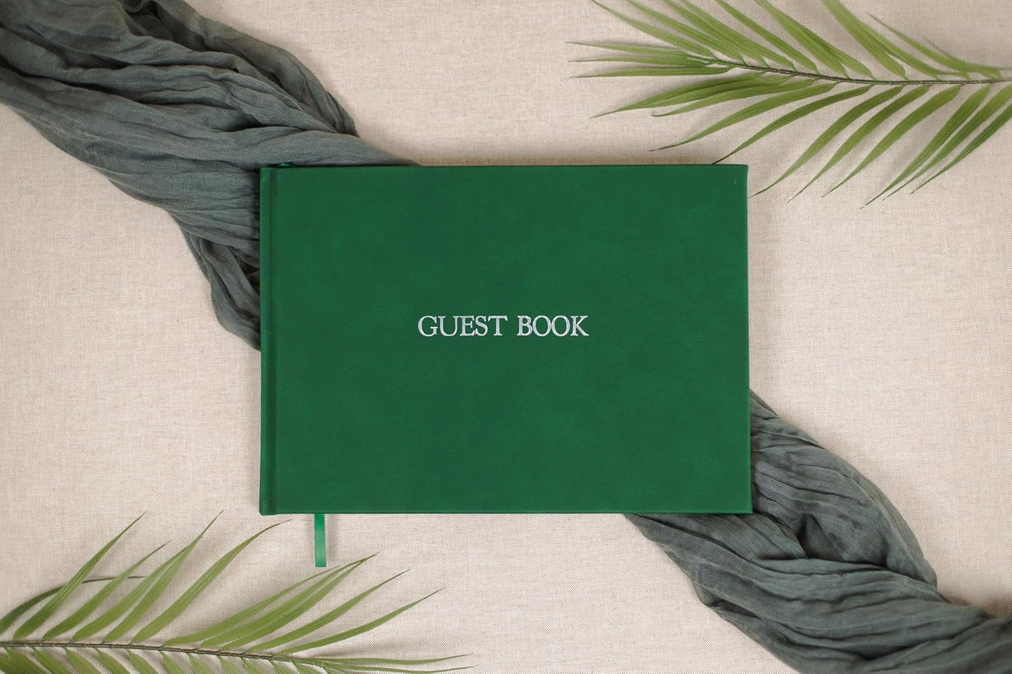 Embossed Guestbook - 11.5 x 8.5 Large Luxury Modern Cream Canvas Linen Embossed Hard Cover Guest Book for Wedding, Birthday & Events, Blank Pages (Emerald)