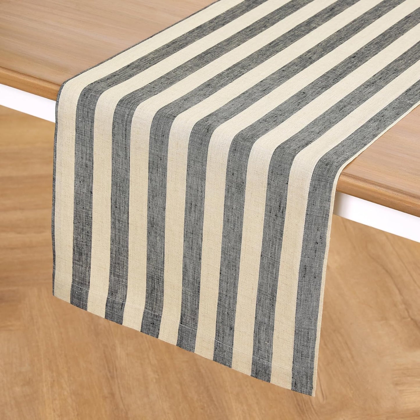 Solino Home Linen Table Runner 36 Inches - Sorrento Stripe 100% Pure Linen Black and Natural Farmhouse Table Runner 14 x 36 Inch Ideal for Dresser and Coffee Tables - Fall, Autumn, Thanksgiving