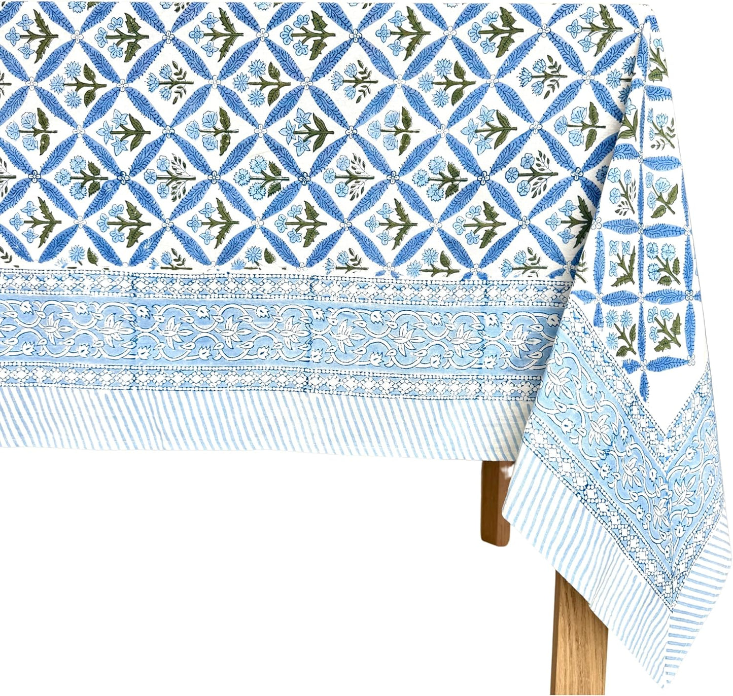 ATOSII Netta Blue 100% Cotton Rectangle Summer Tablecloth, Handblock Floral Print Linen Table Cloth for Kitchen Dining I Parties, Weddings, Outdoors, Decor 60 X 90 Inches, 6 Seater