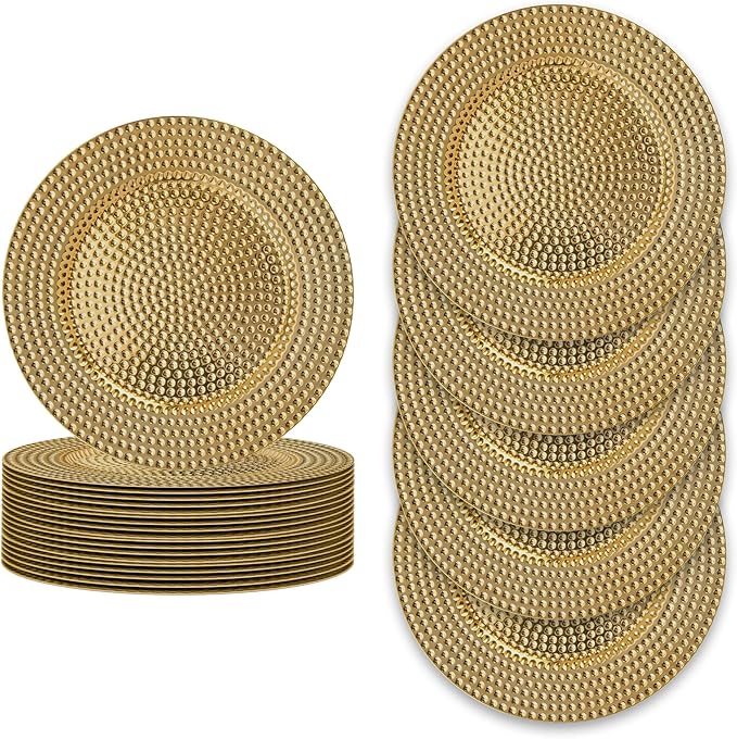 JEVERGN 24 Pack Gold Charger Plates, 13" Hammered Chargers for Dinner Plates, Gold Plate Chargers Set of 24, Round Plastic Charger for Wedding, Party Event, Dinner, Table Setting