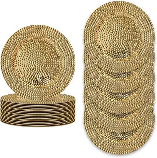 JEVERGN 24 Pack Gold Charger Plates, 13" Hammered Chargers for Dinner Plates, Gold Plate Chargers Set of 24, Round Plastic Charger for Wedding, Party Event, Dinner, Table Setting