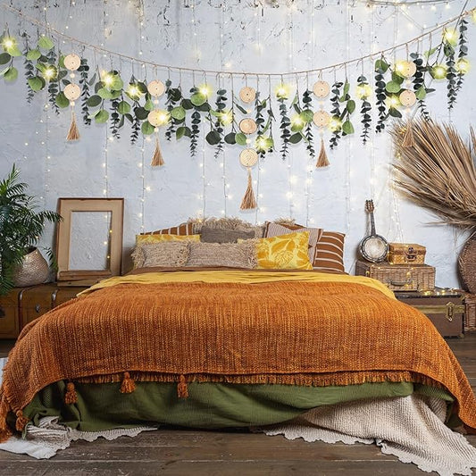 Juexica Artificial Hanging Eucalyptus Wall Decor Boho Bedroom Wall Decor with LED String Light for Home Office Farmhouse Nursery Bathroom Kitchen(Wooden Bead)