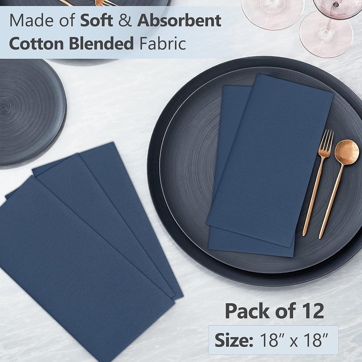 Ruvanti Cloth Napkins Set of 12, 18x18 Inches Napkins Cloth Washable, Soft, Durable, Absorbent, Cotton Blend. Table Dinner Napkins Cloth for Hotel, Lunch, Restaurant, Weddings, Parties -Ocean Blue