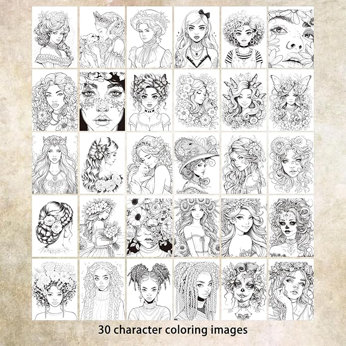 ZHIJIANHZ Coloring Book for Adults with Detailed Portraits and Fashion Illustrations, 30 Pages of People and Character Designs for Artistic Relaxation, 6.7x6.7 Inch for Stress Relief